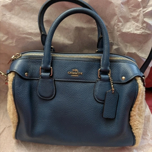 Coach Handbags - Coach Blue Leather & Shearling Mini Bennet Satchel Bag